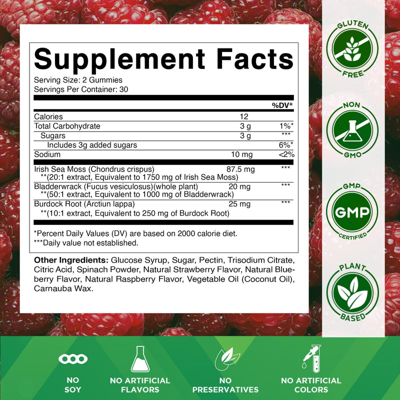 [Australia] - Vitamatic Irish Sea Moss Gummies ‚Äì 3000mg Equivalent Per Serving (from Extract 132.5mg) ‚Äì 60 Ct Made with Bladderwrack & Burdock Root ‚Äì Seamoss Supplement for Thyroid, Energy & Immune Support 