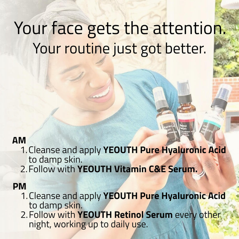 YEOUTH Skincare Set for Appearance of Uneven Skin Tone and Dryness, 3x1oz | Face Serum Set with Retinol, Vitamin C, and Pure Hyaluronic Acid Serum for a Complete Day and Night Routine 3-pack Retinol, HA, Vit C Pack