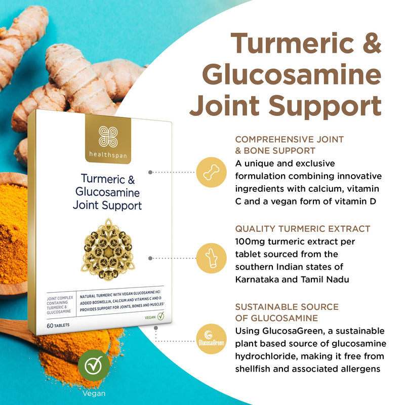 Healthspan Turmeric & Glucosamine Joint Support | 60 Tablets | Joint & Bone Health | Added Vitamin C, Vitamin D3 & Calcium | 30mg Boswellia Serrata Extract | Sustainably Source | Vegan