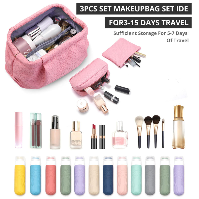 BOYATU Travel Makeup Bags for Women: Woven Large Capacity Make up Bag | 3 Pcs Compact Cosmetic Set Organizer for Purse - Elegant Evening Waterproof Leather Toiletry Clutch Gift Women(Pink) 04-Light Watery Pink
