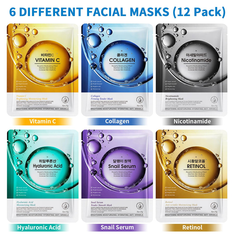 12 Pack Sheet Face Masks Skincare, Mothers Day Gifts, Collagen Face Mask Hyaluronic Acid Hydrating Face Sheet Masks, Vitamin C Face Masks for All Skin Types, Moisturizing, Brightening, Anti-Aging 11 Count (Pack of 1)