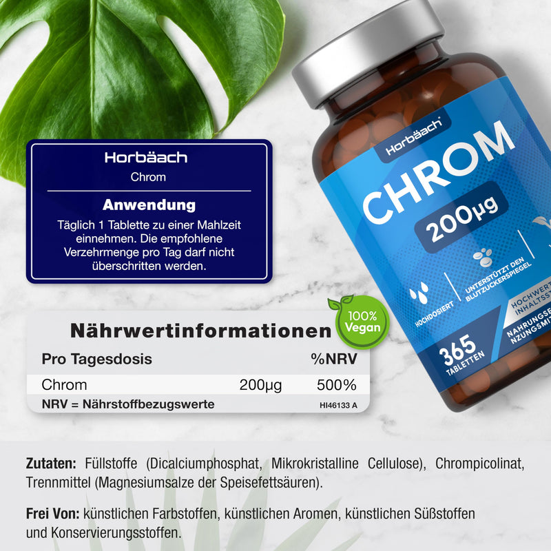 [Australia] - Chromium Tablets from Chromium Picolinate 200 mcg | 1 year supply - 365 vegan tablets | High-dose Chromium Picolinate | without unnecessary additives | Horbaach 