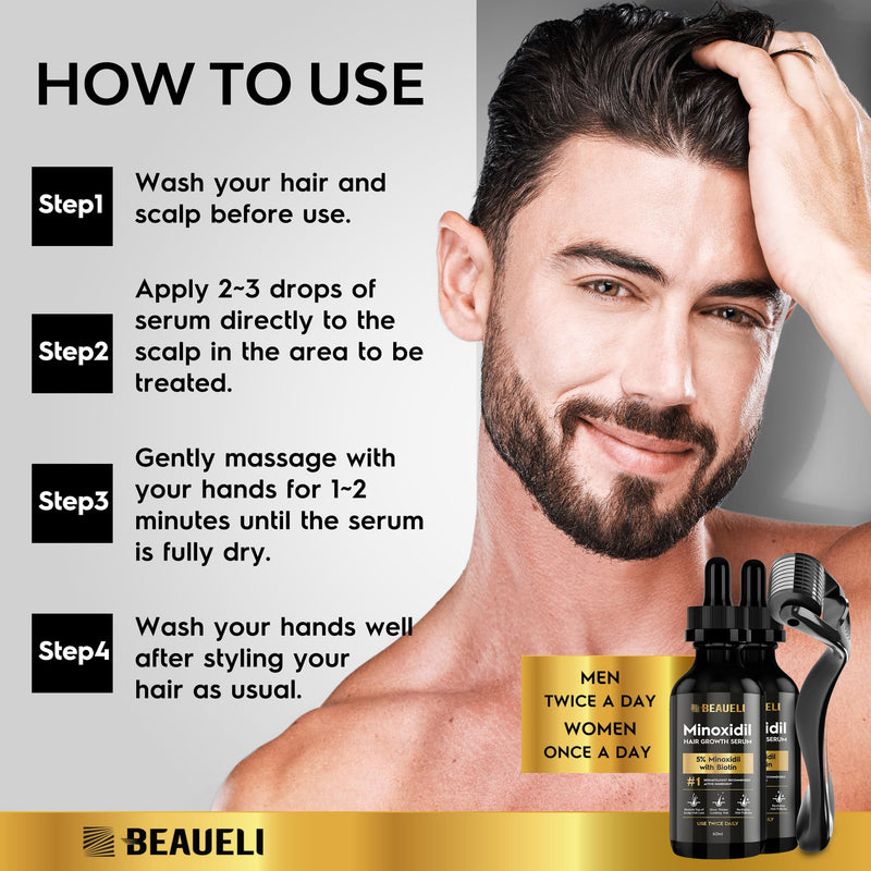 Beaueli Minoxidil Beard Growth Kit For Men and Women, Hair Loss and Hair Regrowth Treatments, Minoxidil 5%, Black 60ml 2 Bottles 2 Fl Oz (Pack of 2)