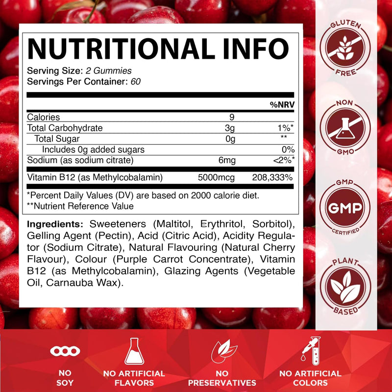 Vitamatic Extra Strength Vitamin B12 5000 mcg (Methylcobalamin) Gummies – 120 Count – Natural Cherry Flavor – Energy & Nervous System Support