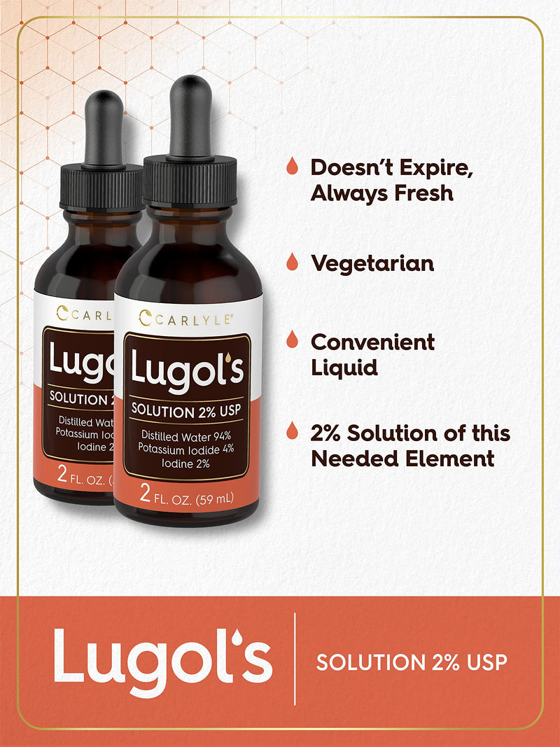 Carlyle Lugols Iodine 2 Percent 2 fl oz Twin Pack | Potassium Iodide and Iodine Solution 2% Liquid Drops 2 Fl Oz (Pack of 2)