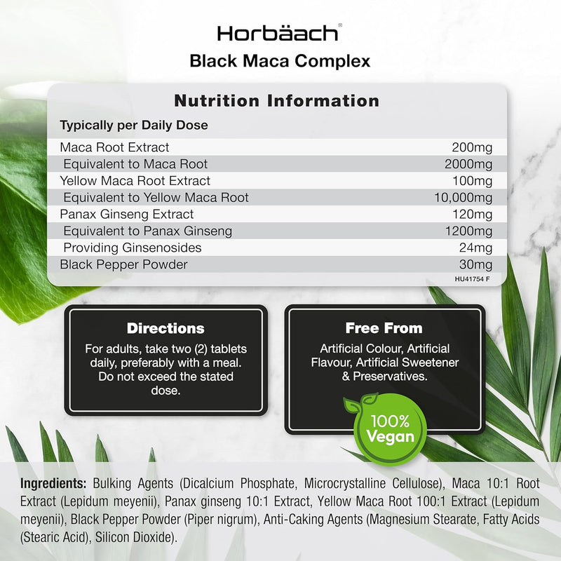 [Australia] - Maca Root Capsules | High Strength | Black Maca Complex | with Black Maca, Panax Ginseng, Yellow Maca & Black Pepper | 180 Vegan Tablets | by Horbaach 