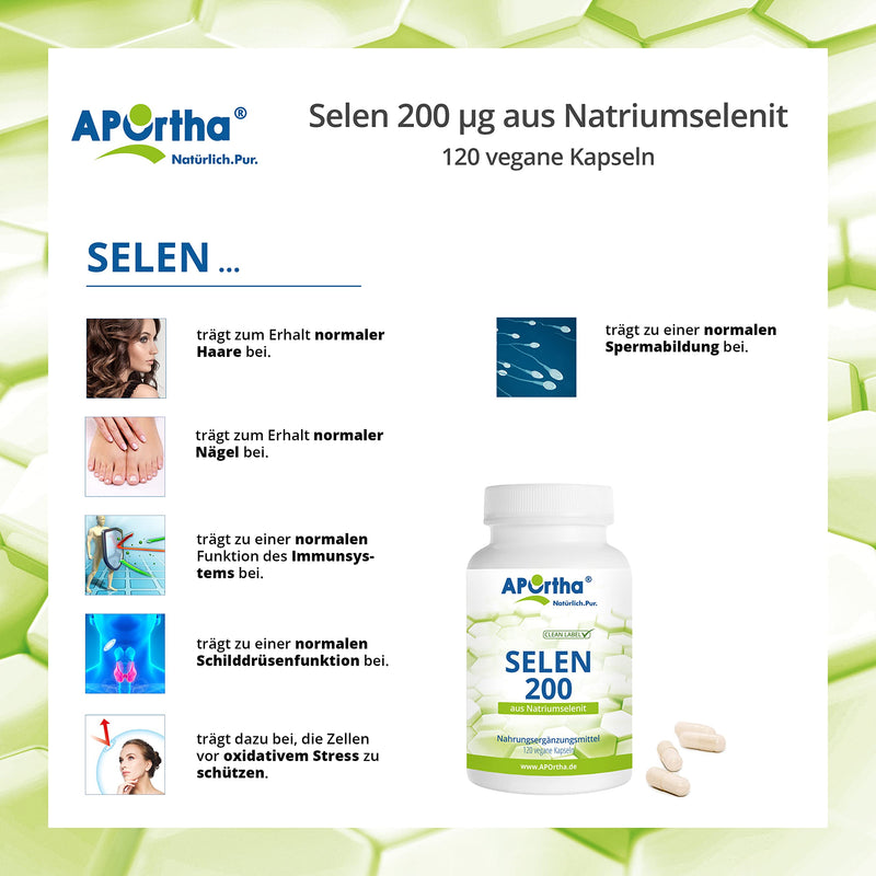 [Australia] - APOrtha® Selenium, 120 vegan capsules with 200µg each made of sodium selenite, high dosage and easy to swallow, allergen-free, vegan, gluten-free, alternative to drops and tablets 