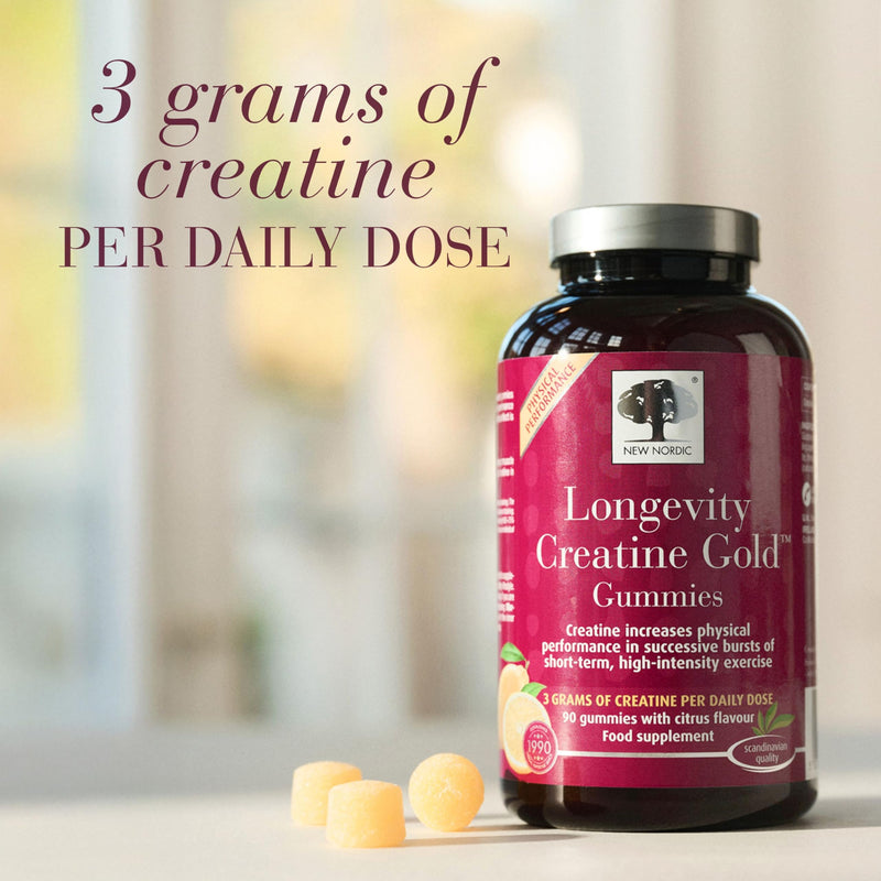 New Nordic Longevity Creatine Gold Gummies, 3g Creatine, Performance Support, Citrus Flavour, Vegan, 90 Gummies