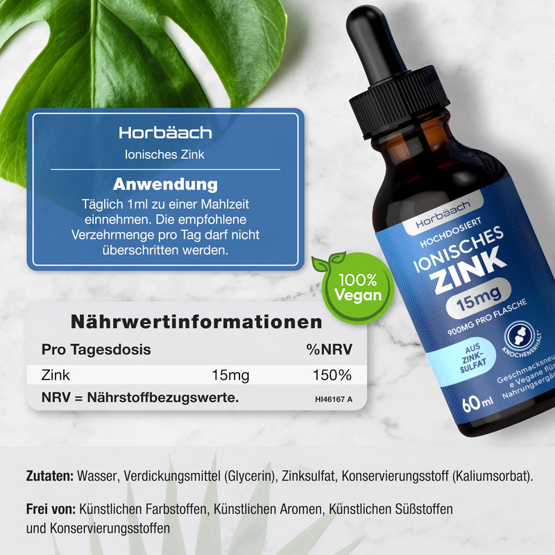 [Australia] - Zinc drops | 15mg premium ionic zinc sulfate per daily dose | Premium Ionic Zinc | Vegan | 60ml | Horbaach 