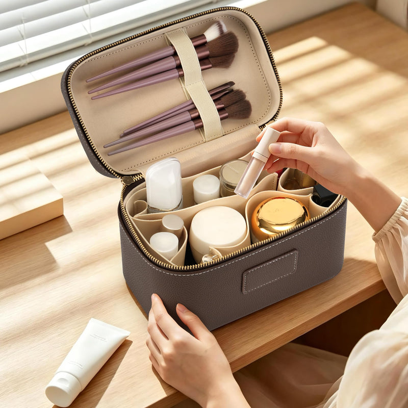 Makeup Bag Travel Toiletry Leather Cosmetic Case, Waterproof Makeup Organizer with Brush Holder, Wipe Clean Removable Divider Vanity Train Bag for Women, Coffe