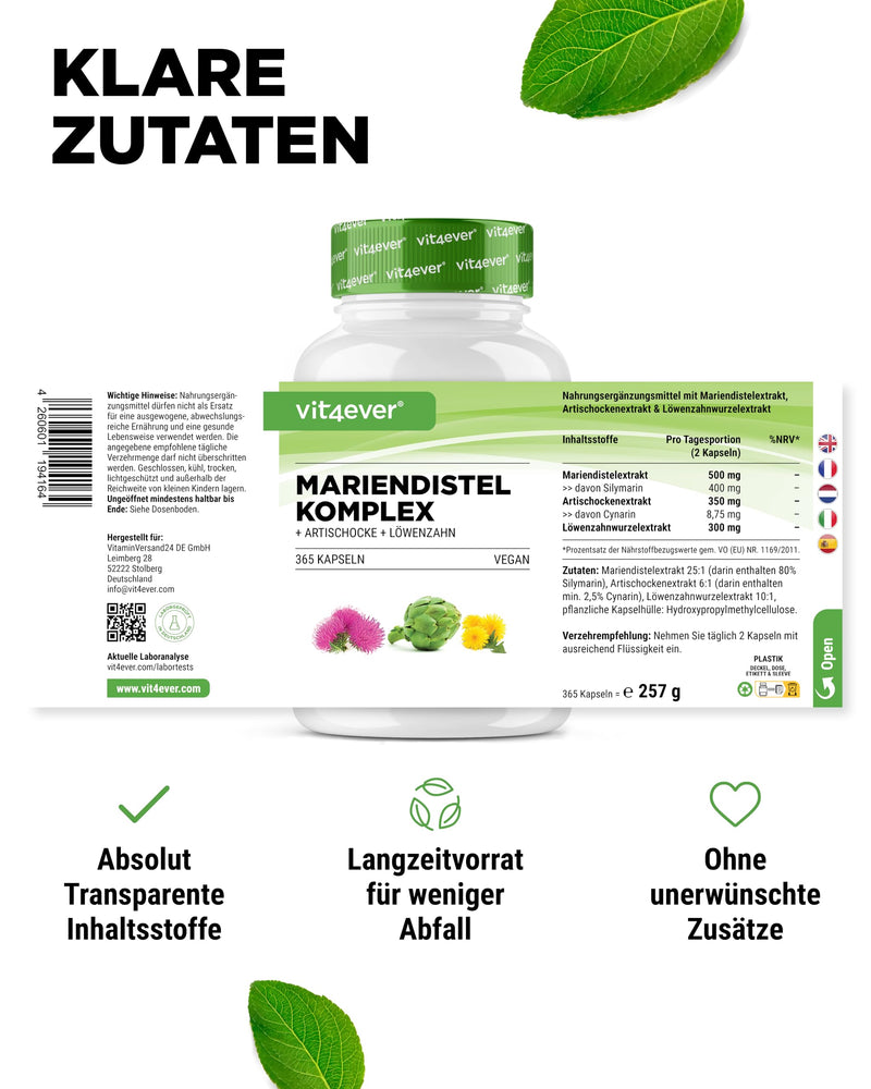 [Australia] - Milk Thistle Artichoke Dandelion Complex - 365 capsules (6 month supply) - High dosage 80% Silymarin & 2.5% Cynarin - Laboratory tested - Vegan 365 pieces 