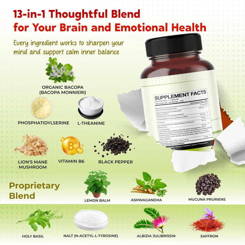 [Australia] - Premium Bacopa, Phosphatidylserine, L-Theanine & Lion‚Äôs Mane ‚Äì All-in-1 Supplement for Focus, Brain Function & Emotional Balance ‚Äì Made in The USA ‚Äì 150 Capsules 150 count (pack of 1) 