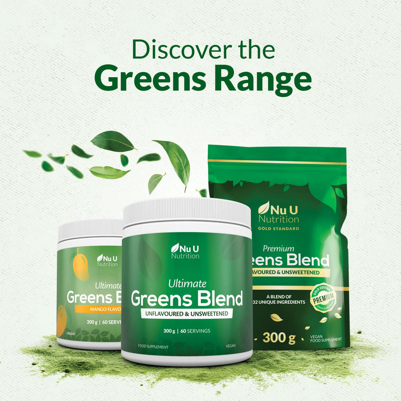Nu U Nutrition - Greens Powder 300g - 17 Superfood Ingredients - 60 Servings - Unflavoured, Unsweetened - Ultimate Greens Blend with Maca, Beetroot & Inulin - 100% Vegan - Made in the UK