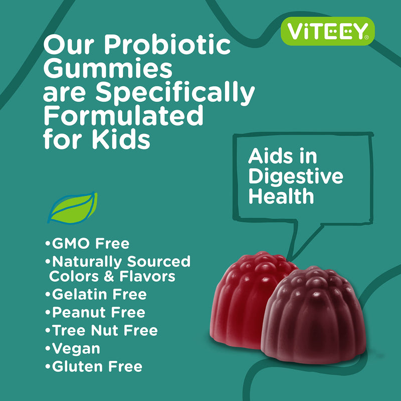 Viteey Probiotic Gummies for Kids Plus Prebiotics Fiber - 2 Billion CFUs | Digestive Health, Gut Health, Constipation Relief for Kids Support - Vegan, Gelatin Free - Chewable Probiotic Berry Flavored 120 Count (Pack of 1)