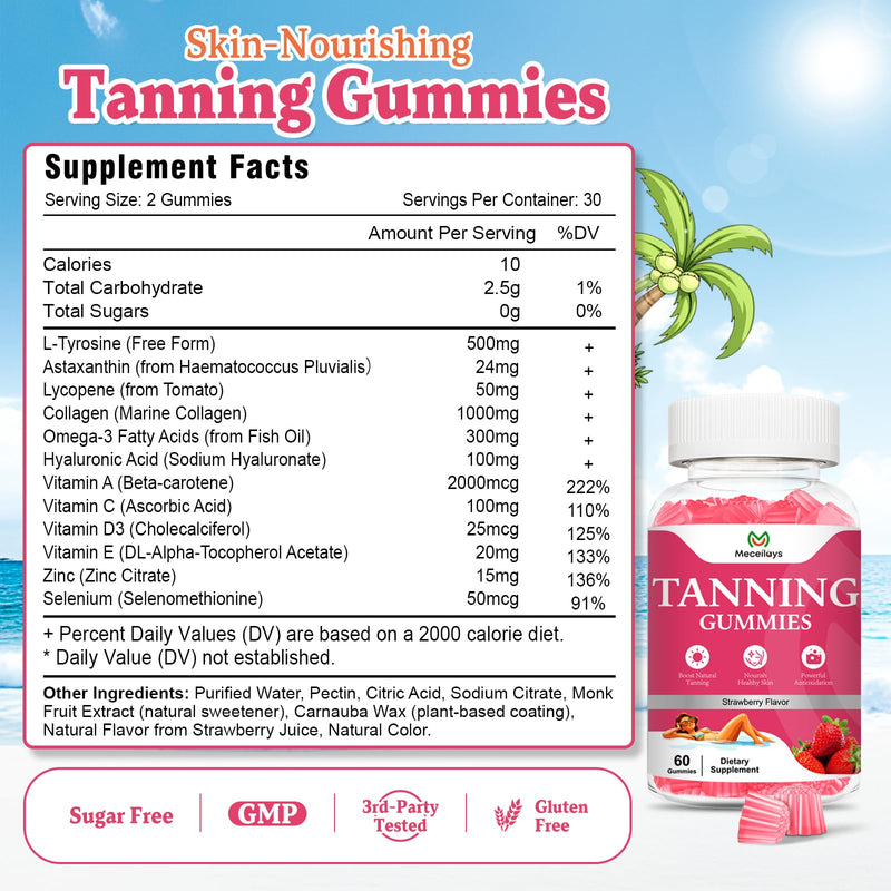 [Australia] - 2 Pack Tanning Gummies for Women, Daily Tanning Supplement Melanin Tan Gummy Chew with Astaxanthin Vitamin Beta Carotene Work Fast Without Sun for Men, Vegan Sugar Free,Strawberry Flavor,120 Count 60 Count (Pack of 2) 
