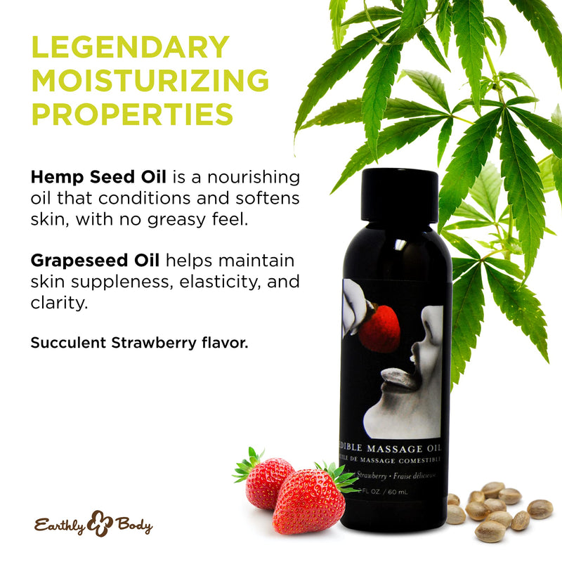 Earthly Body Edible Massage Oil - Hemp Seed, Almond, Grapeseed, Apricot & Vitamin E Oil - Vegan & Cruelty Free Strawberry 2 Fl Oz (Pack of 1)