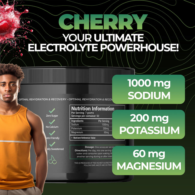 Electrolytes Powder 350g | Vegan | 50 Servings | Cherry | Sugar, Calcium & Artificial Flavour Free | Keto, Paleo Rehydration | 1000mg Sodium, 200mg Potassium & 60mg Magnesium