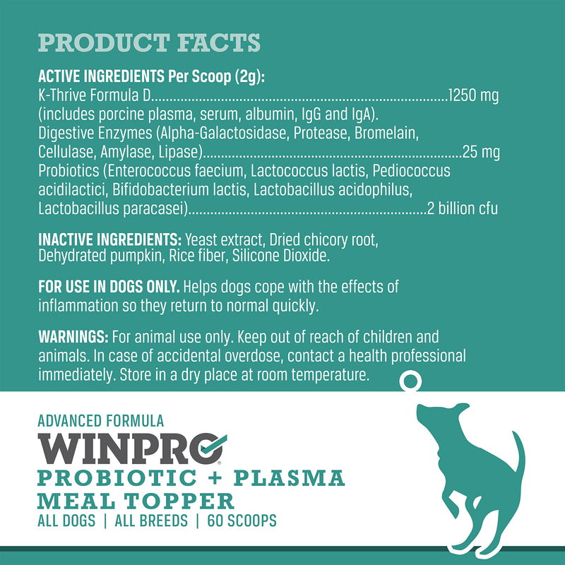 WINPRO Dog Probiotic Powder Meal Topper, Spray Dried Plasma with Prebiotics and Probiotics for Digestive Support and Gut Health for Dogs, All Breeds, Ages, and Sizes, 60 Scoops, Made in USA - PawsPlanet Australia