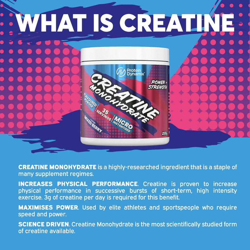 Protein Dynamix - Creatine Monohydrate Powder • Mixed Berry Flavour • 250g Tub (38 Servings) • Vegan & Gluten Free • Micronised Creatine Supplement for Muscle Strength, Power, Performance & Recovery 250 g (Pack of 1)