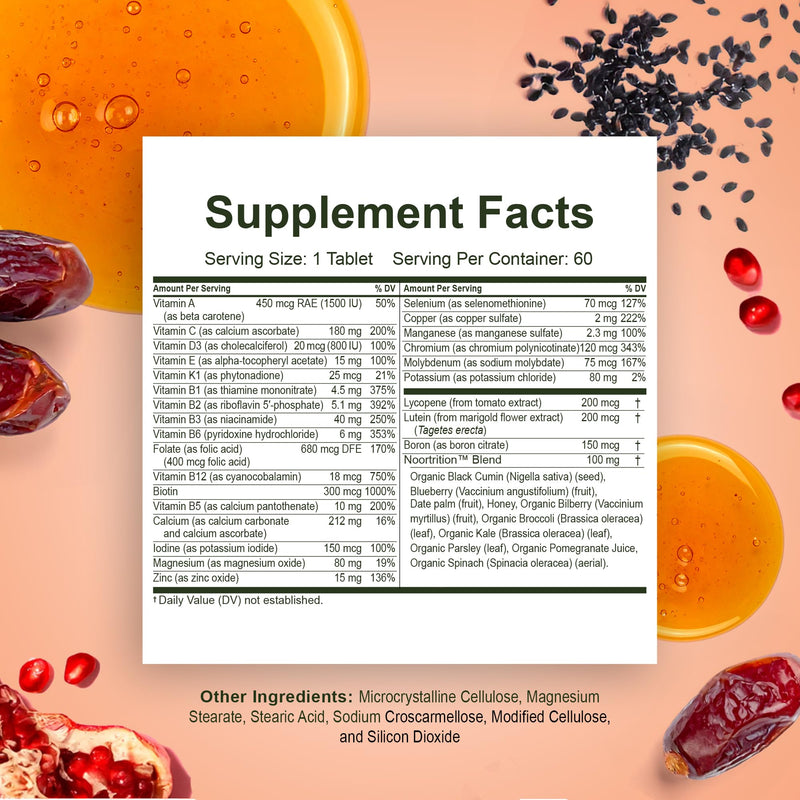 Noor Vitamins Energy+ Multivitamin; Halal Vitamin for Energy Production & Immunity, 26 Vitamins & Minerals, Black Seed, Dates, Honey, for Men & Women. Gelatin Free, 2 Month Supply