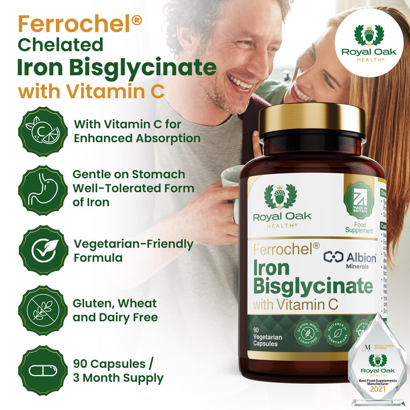 Ferrochel® Chelated Iron Bisglycinate 20mg with Vitamin C | 90 Capsules | 3 Month Supply | Gentle on Stomach, High Absorption, Enhanced Bioavailability Iron | Made in Britain