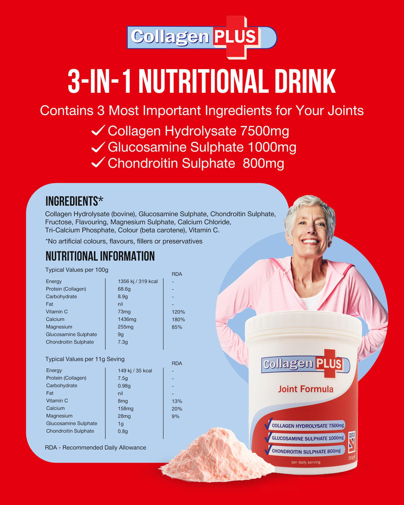 Collagen Plus 3-in-1 Powder for Women & Men - Orange Flavoured & Dissolves Easily. with Vitamin C, Glucosamine, Chondroitin & Collagen for Joints - Yeast, Lactose & Gluten Free - 350g Collagen Plus 3-in-1 (Orange Flavour With Glucosamine & Chondroitin)