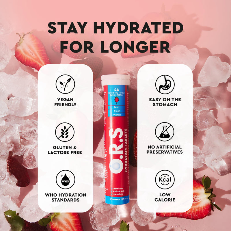 O.R.S Hydration Tablets with Electrolytes, Vegan, Gluten and Lactose Free Formula – Soluble Sports Hydration with Natural Strawberry Flavour, 72 Count
