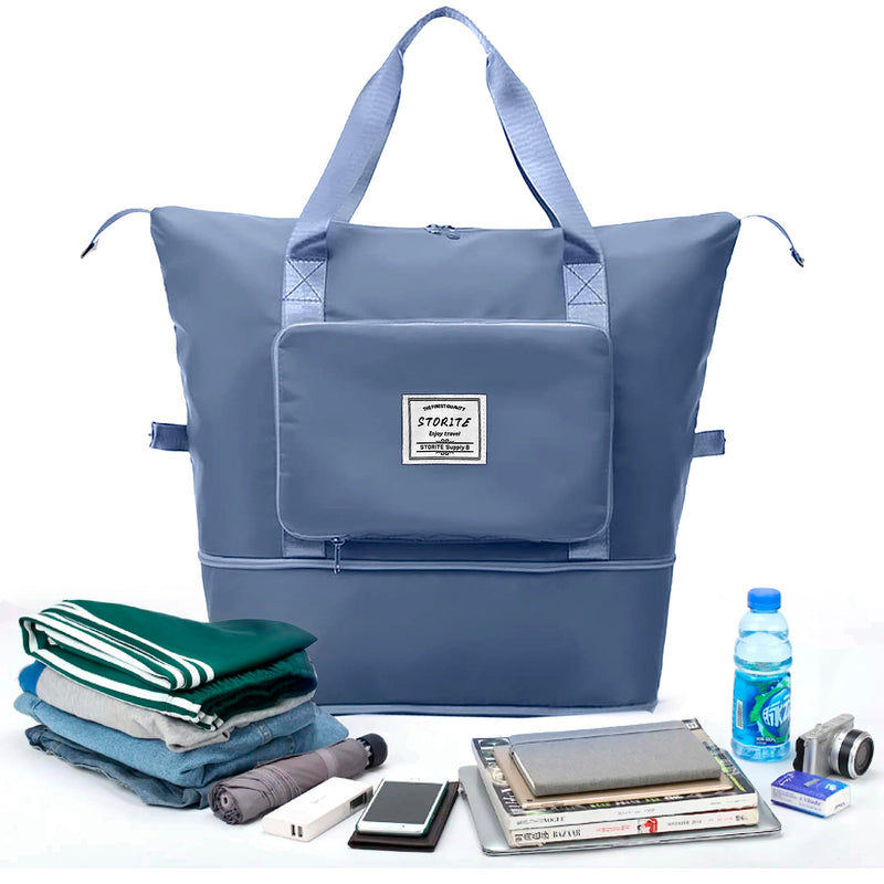 Storite Foldable Travel Duffle Bag, Blue, 40x23x30 cm | Water Resistant Nylon, Expandable Design, Lightweight, Spacious Storage, Travel, Gym, Shopping, Weekend Trips