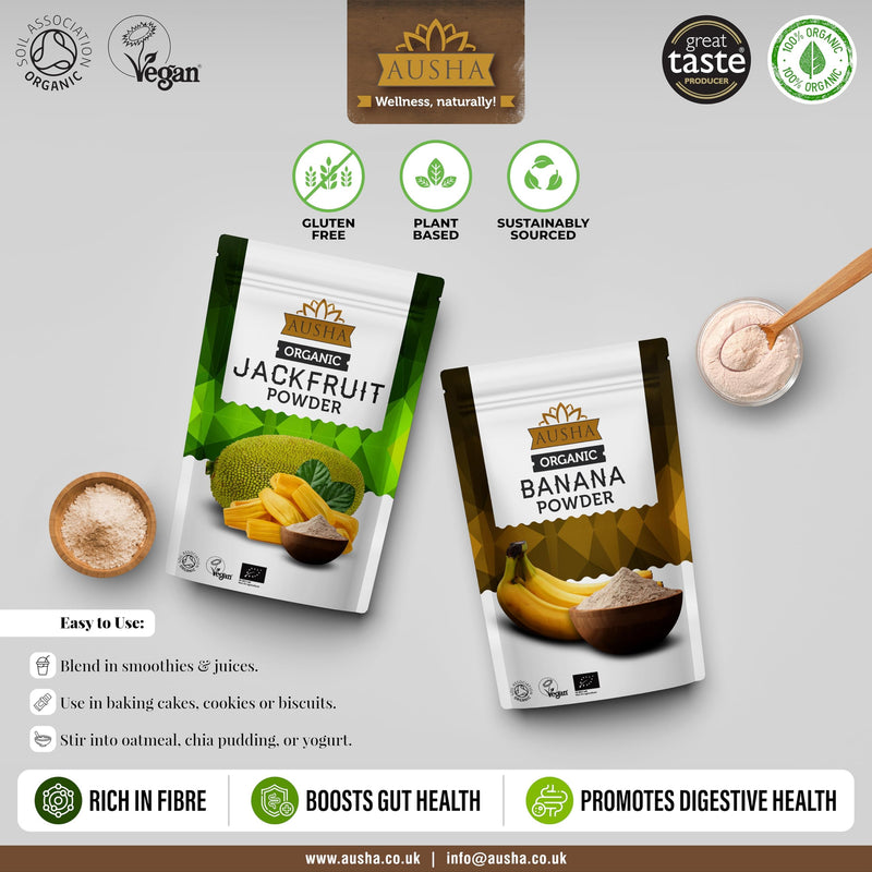 Ausha Organic Green Jackfruit Powder 250g - UK Certified Organic by Soil Association - Gut Health, Fibre, Gluten Free - Add to Cereals, Smoothies, Juices, Porridge, Baking Organic Jackfruit Powder 250g