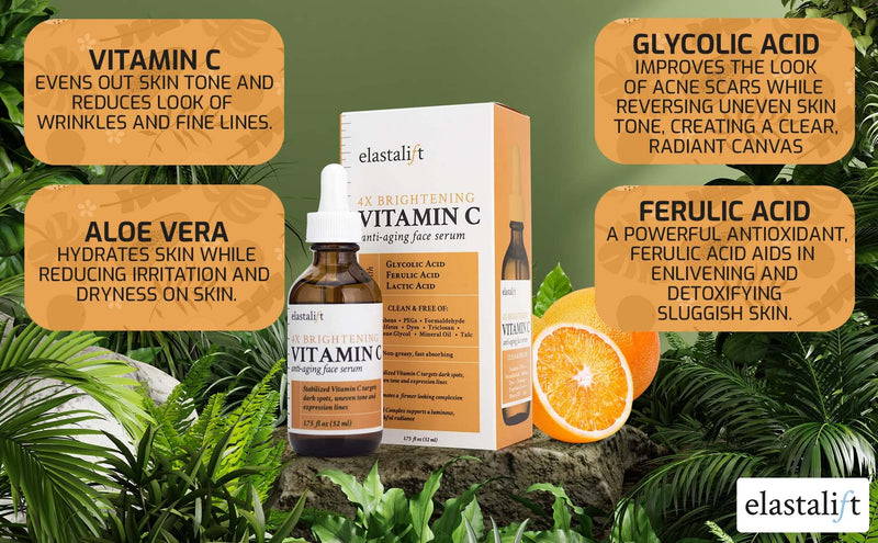 Elastalift Vitamin C Facial Serum For Age Spots, Wrinkles, & Expression Lines. Anti-Aging Face Serum W/Vitamin C & Hyaluronic Acid Brightens Skin To Promote Healthier Skin Complexion, 1.75 Fl Oz 1.75 Fl Oz (Pack of 1) Vitamin C Serum