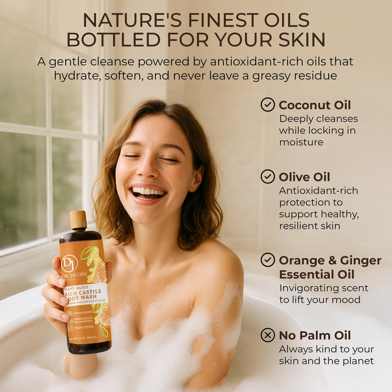 Dr. Jacobs Naturals Pure Castile Soap Liquid Body Wash, Orange & Ginger - Plant Based Soap Infused with Vitamin E & Aloe Vera to Moisturize Dry and Sensitive Skin - Made in The USA - 16 oz Orange-Ginger 16 Fl Oz (Pack of 1)