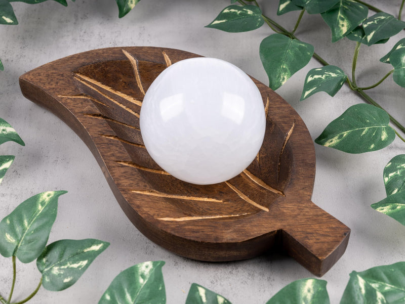Wish Well Large Selenite Crystal Sphere with Natural Wooden Stand | 3.14" Selenite Crystal Sphere with 4" Wooden Stand for Cleansing, Energy Healing, Protection, Spiritual Decor, and Gifts