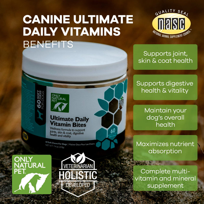 Only Natural Pet Ultimate Daily Vitamins - Complete Multivitamin Supplement for Dogs Balanced Health & Vitality - Senior Small & Large Canine Food Immune Digestive Support -60 Soft Chews (Pack of 1) 60 Count (Pack of 1) - PawsPlanet Australia