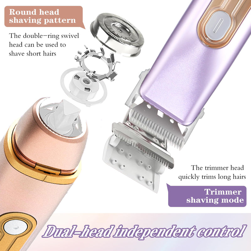 WNJ 2 in 1 Women Electric Shaver - Dual Head Bikini Trimmer - IPX7 Waterproof - Wet & Dry Use - Body Hair Trimmer and Facial Hair Remover for Bikini, Underarm Leg, Private Area, Arm, Body, Face Double Head-Pink