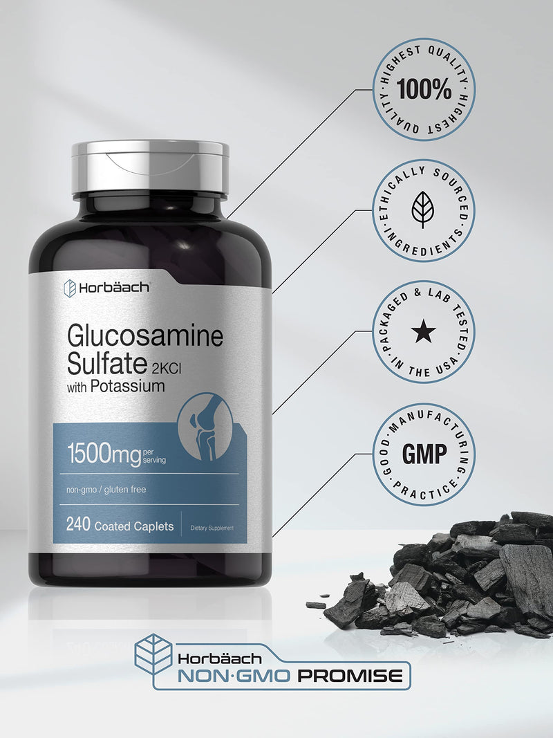 Horbäach Glucosamine Sulfate 1500mg | 240 Caplets | 2KCI with Potassium | Non-GMO and Gluten Free Supplement 240 Count (Pack of 1)