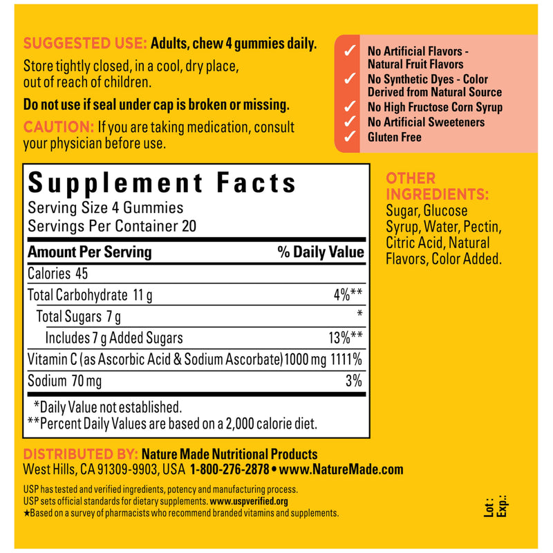 Nature Made Vitamin C Gummies, Maximum Strength Dosage, 80 Count | Vitamin C 1000mg per Serving, Adult Vitamin C Immune Support Gummies, Daily Immune Support, Tangerine Flavor, 20 Day Supply 80 Count (Pack of 1)