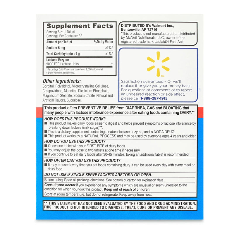 [Australia] - Equate Fast Acting Dairy Relief Lactase Enzyme Dietary Supplement Vanilla Flavor chewables Tablets 32 Count (Pack of 1) + CreativeAndBundle Sticker 