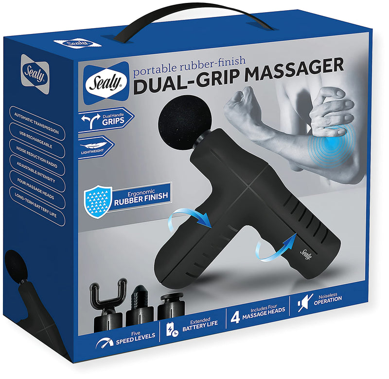 [Australia] - Sealy SL-HW-MA-101-BK Dual Grip Mini Massager, Black; 5-Speed high-Frequency Vibration; 4 Interchangeable Massage Heads; Dual Grip Handles; 4-Hour Charge Time; Rubberized Coating; Noiseless Operation 