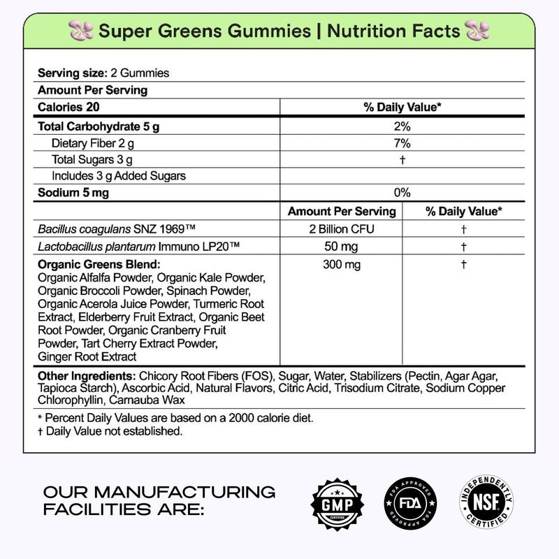 Super Greens Gummies with 11x Superfood Greens, Pre, Post & Probiotics, Antioxidants, Multivitamin, Fiber Supplement Supports Gut Health & Digestion, Dairy Free, Vegetarian, 60 Count