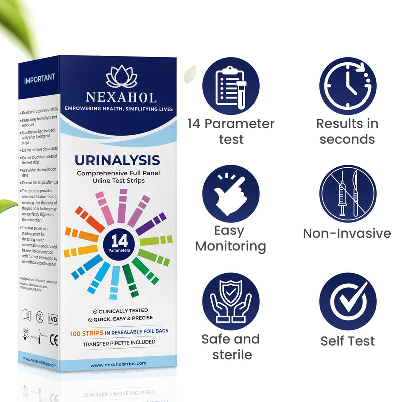 Urine Test Strips for Urinalysis Full Panel - 14 Parameter Urine Test Strips - Urine Dipsticks Urinalysis Multistix with Transfer Pipette and Resealable Foil Bags - 100 Count Home UTI Test Strips