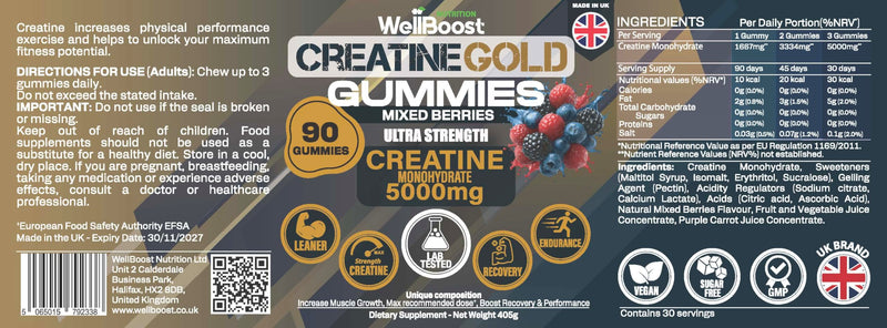 WellBoost Creatine Gold – 5000mg Creatine Monohydrate Gummies, Vegan, Sugar-Free for Lean Muscle Growth, Endurance, Recovery & Energy (90 Gummies, 1 Month Supply) with Mixed Berry Flavour G-Creatine Gold -BlueBerry 90 count (Pack of 1)