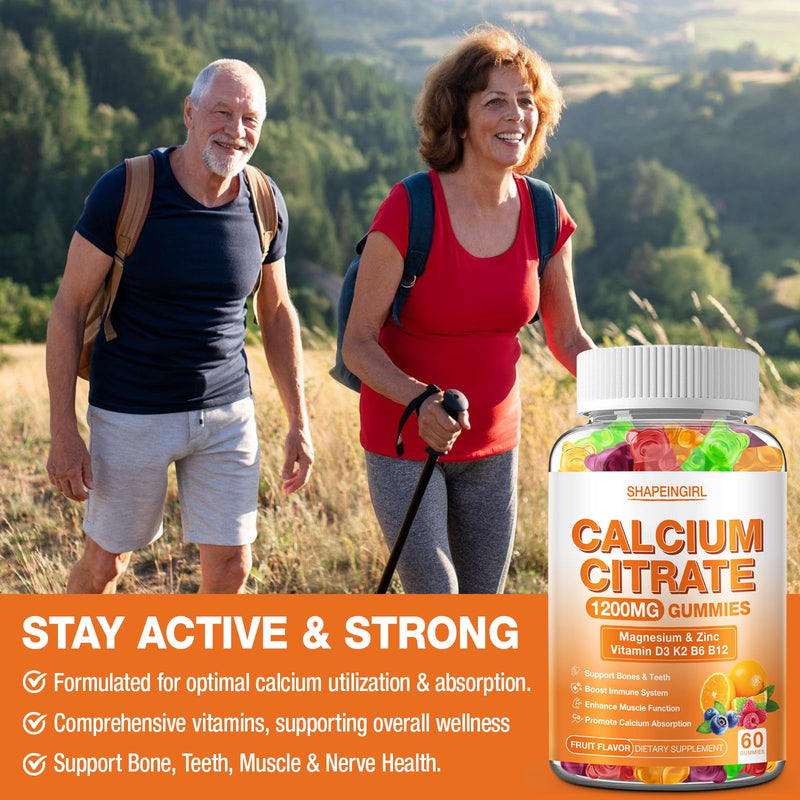 1200mg Calcium Citrate with Vitamin D3, K2, B6 & B12, Calcium Supplements for Women & Men, Plus Magnesium Zinc for Bones, Muscle & Immune Support, High Absorption Fruit Flavor 120 Calcium Gummies 60 Count (Pack of 2)
