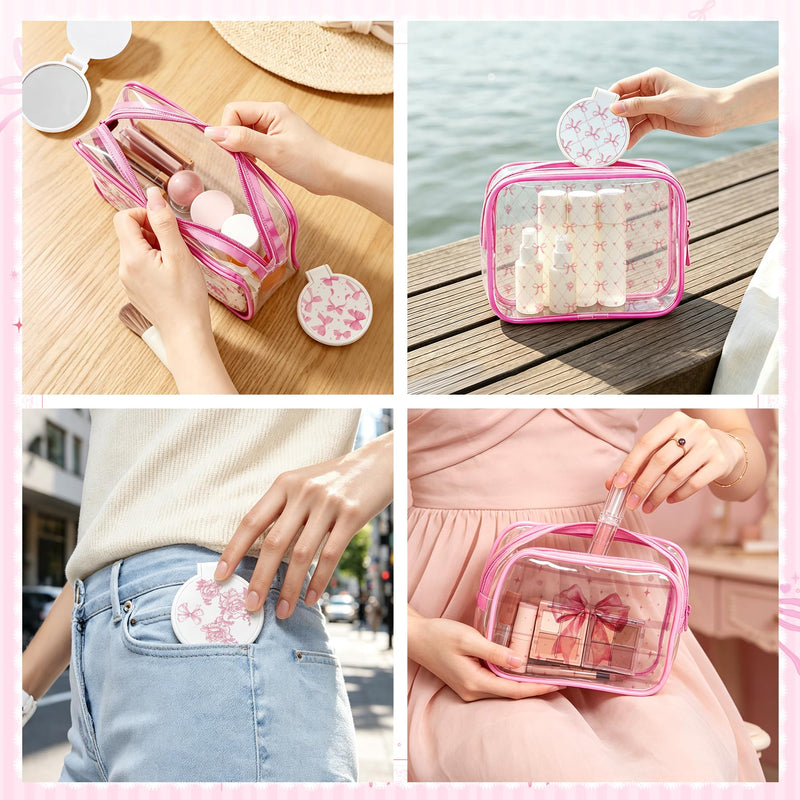16 Set Pink Bow Party Favors for Women Clear Floral Bow Makeup Bags Mini Compact Mirrors Bulk Waterproof Coquette Pink PVC Cosmetic Bags for Guests Bridesmaids Wedding Party Supplies 16