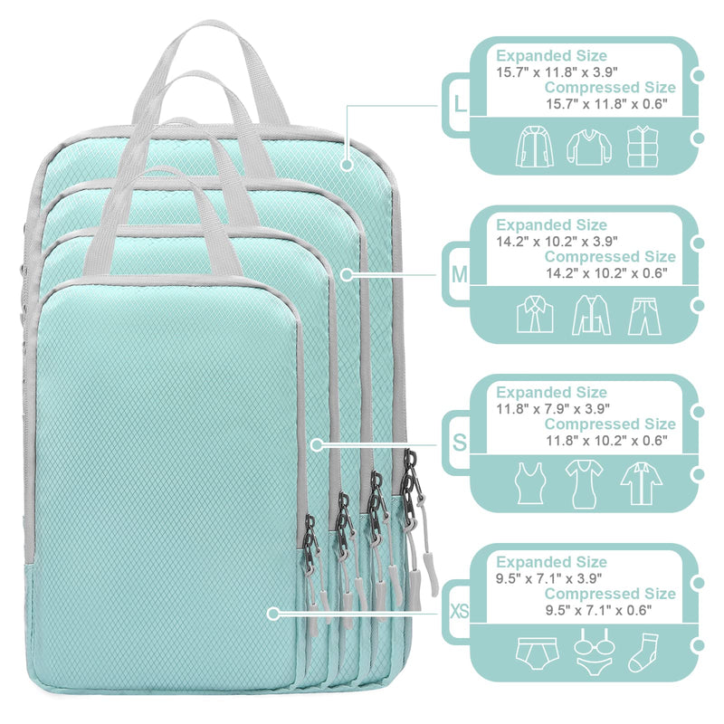 WOOMADA Compression Packing Cubes for Suitcases Travel Essentials 4 Set Expandable Travel Bags Organizer for Luggage(turquoise) A-turquoise