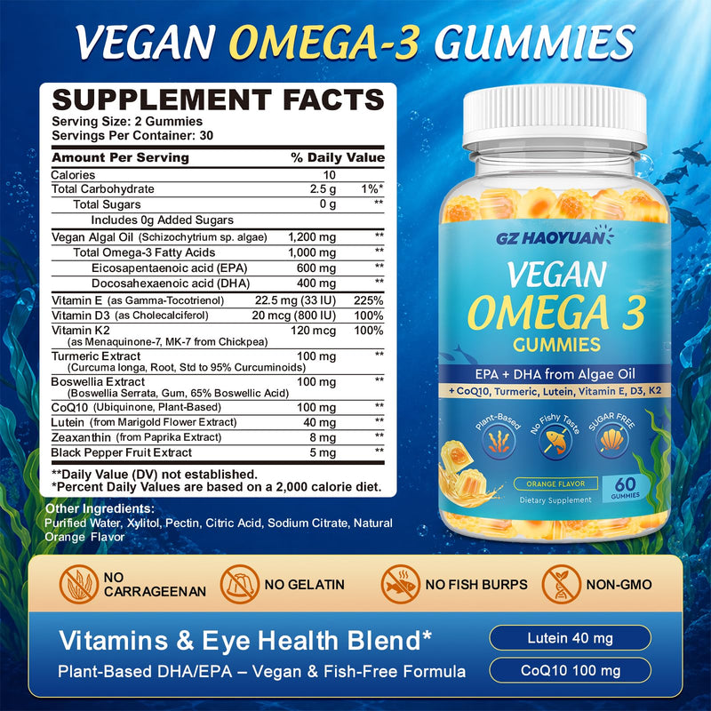 Vegan Omega 3 Gummies 1200mg for Adults Marine Algae Omega 3 Supplement EPA 600mg DHA 400mg, Vitamin D3, K2, No Fish Taste, for Brain, Eye, Immune Health, Sugar Free, 120 Cts Orange 60 Count (Pack of 2)