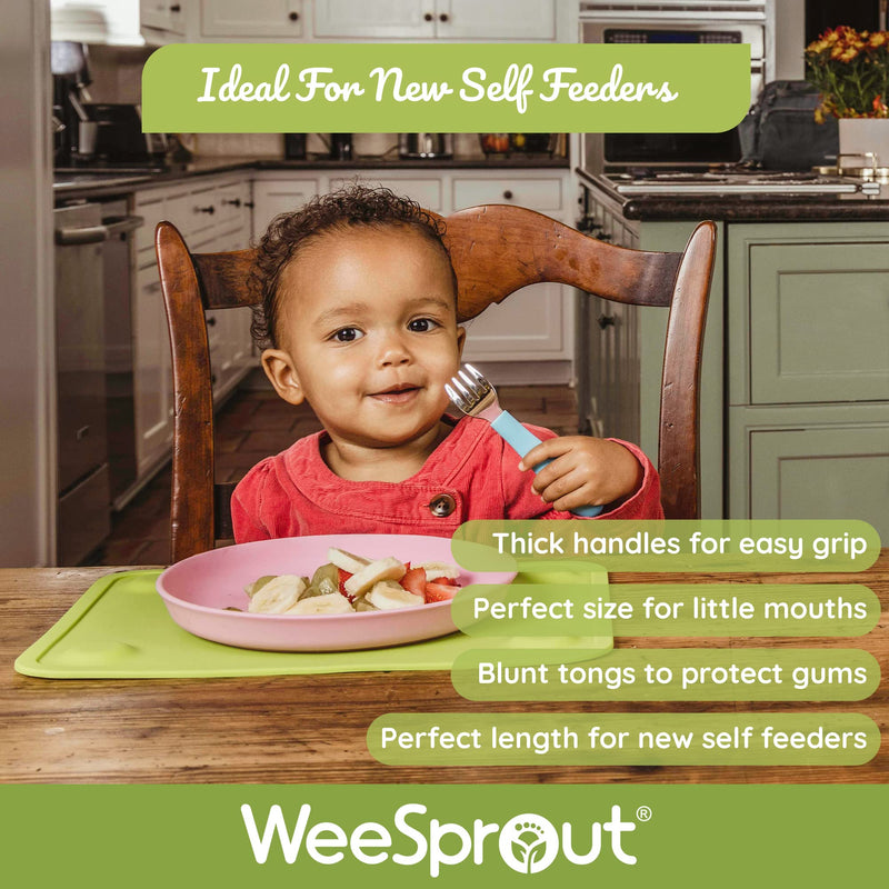 WeeSprout Toddler Utensils, 3 Forks & 3 Spoons, 18/8 Stainless Steel & Food Grade Silicone, Thick Easy-Grip Handles, Perfect Length For New Self Feeders, Gentle On Gums & Teeth, Dishwasher Safe Matte Dark Gray, Blue, Green