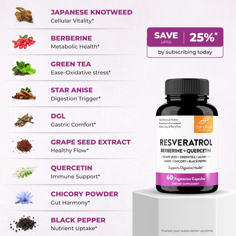 [Australia] - Sandhu's Resveratrol with Berberine for Gut Health | Digestive Supplement for Women & Men | Green Tea, Star Anise, DGL, Grape Seed Extract & Quercetin | Eases Bloating | 60 Capsules (Pack of 1) 60 Count (Pack of 1) 