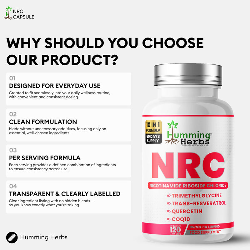 Humming Herbs NRC Nicotinamide Riboside Complex 300 mg | 60 Day Supply | with TMG Resveratrol Quercetin ALA CoQ10 B6 B2 Folate | 120 Vegan Capsules | Vitamin Supplement