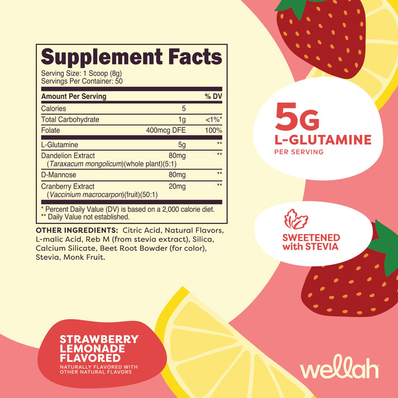 [Australia] - Wellah L-Glutamine Strawberry Lemonade Flavored (50 Servings) - 5g L-Glutamine Per Serving, Sweetened with Stevia 