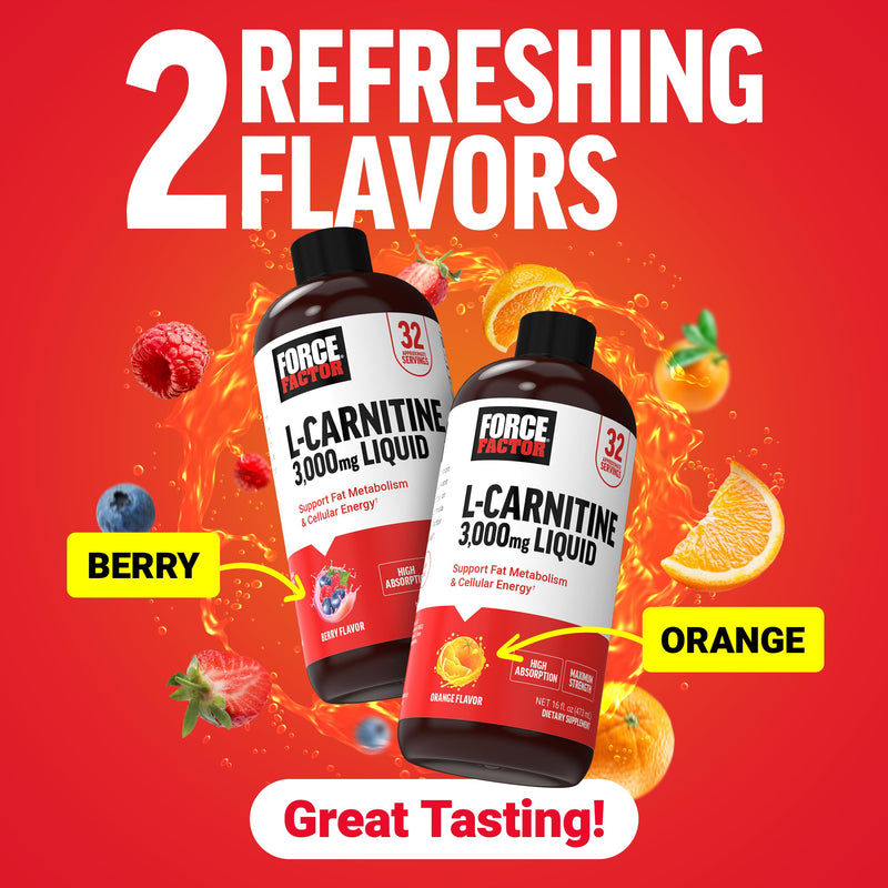 [Australia] - Force Factor L-Carnitine Liquid 3000mg, Maximum Strength Supplement to Support Fat Metabolism, Cellular Energy & Muscle Recovery, High Absorbing, Non-GMO, Orange Flavor, 16 oz Bottle 